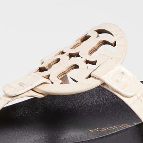 Tory Burch CROC EMBOSSED Miller Cloud Leather Thong Slides New Ivory Cream Navy - Picture 6 of 7